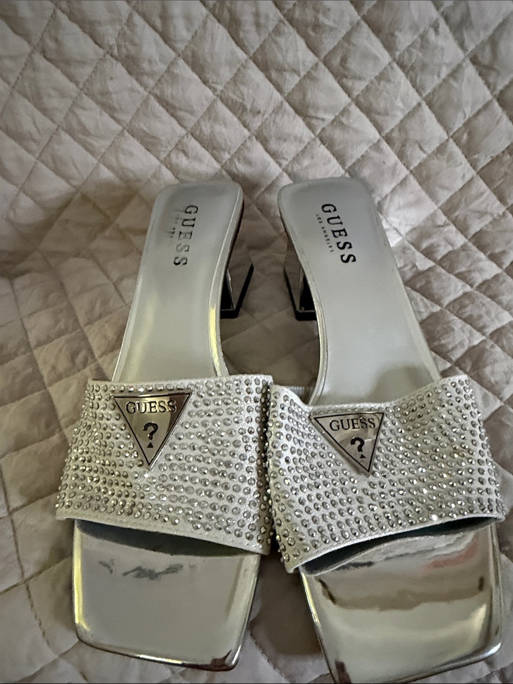 GUESS Silver Crystal Embellished Slide Mules